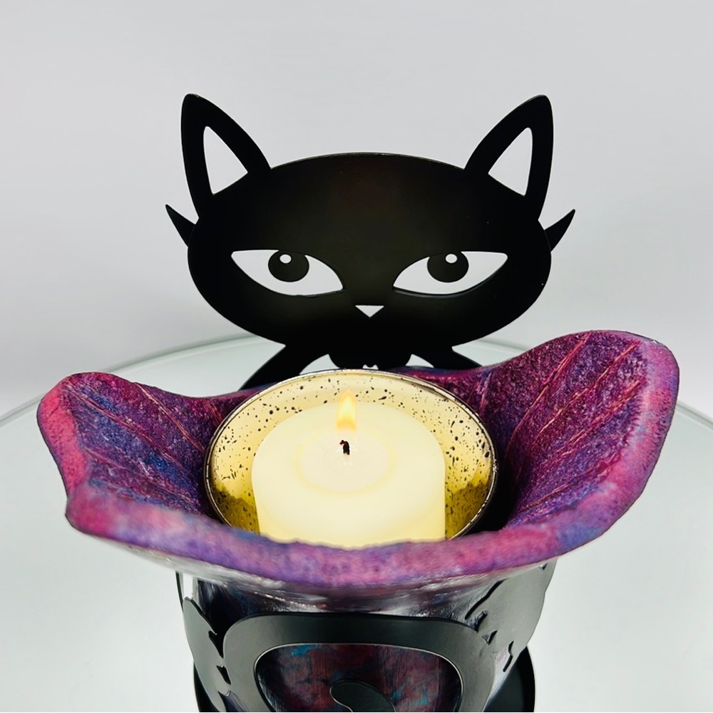 Hand Crafted Black Cat Holding the Universe ~ Gourd Art Candle Holder Candy Dish